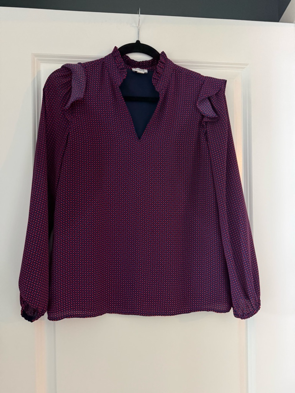J. Crew Plum Printed Ruffle-Shoulder Blouse